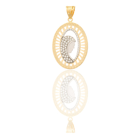 Ciondolo Oro Giallo Oro Bianco Oro 18 carati Madonna Di Profilo Velo Zirconato Contorno Traforato Zirconi Bianchi cm.4,5