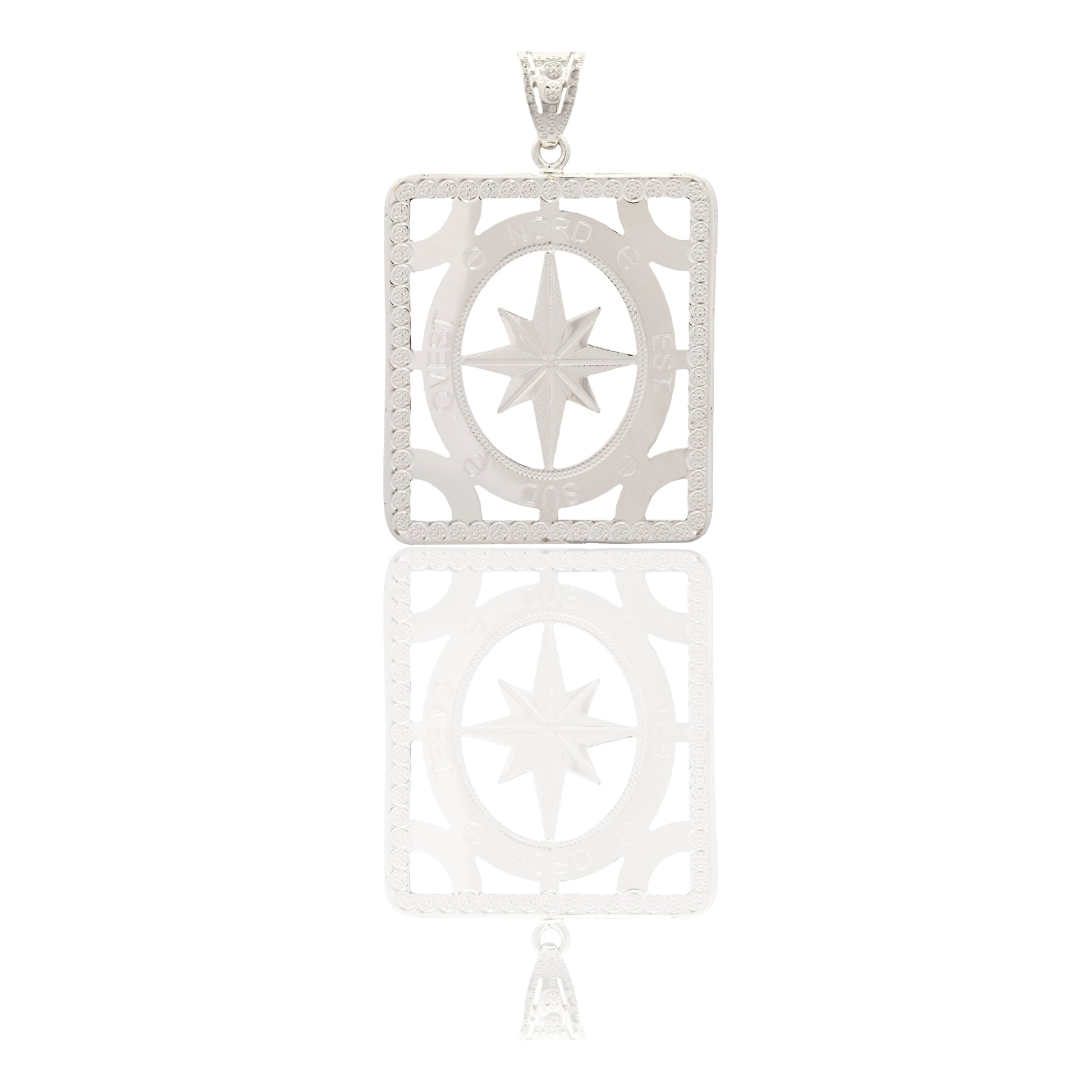 Ciondolo Oro Bianco Oro 18 carati Quadrato Traforato Con Rosa Dei Venti Ovale Solo Oro cm.4,5x3