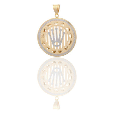 Ciondolo Oro Giallo Oro Bianco Oro 18 carati Tondo Fondo Rigato Corona Laser Contorno Diamantato E Greca Solo Oro cm.5,0
