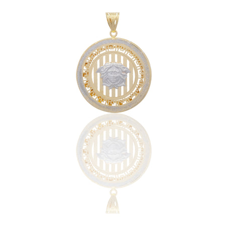 Ciondolo Oro Giallo Oro Bianco Oro 18 carati Tondo Fondo Rigato Medusa Laser Contorno Diamantato E Greca Solo Oro cm.4,5