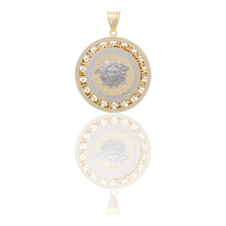 Ciondolo Oro Giallo Oro Bianco Oro 18 carati Tondo Medusa Centrale Contorno Greca Solo Oro cm.4,5