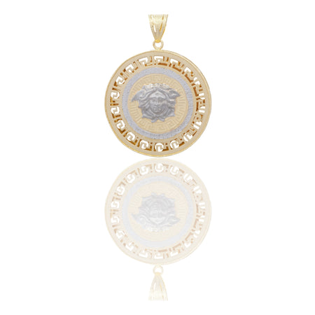 Ciondolo Oro Giallo Oro Bianco Oro 18 carati Tondo Medusa Oro Bianco Centrale Contorno Greca Solo Oro cm.4,5