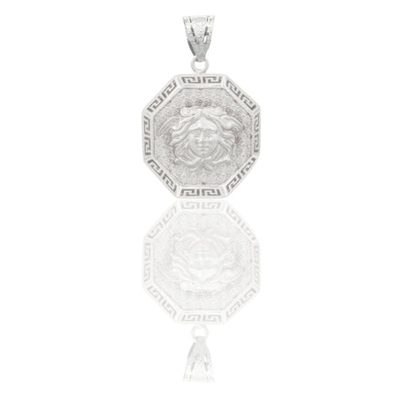 Ciondolo Oro Bianco Oro 18 carati Ottagonale Diamantato Con Greca Traforata E Medusa Solo Oro cm.3,5