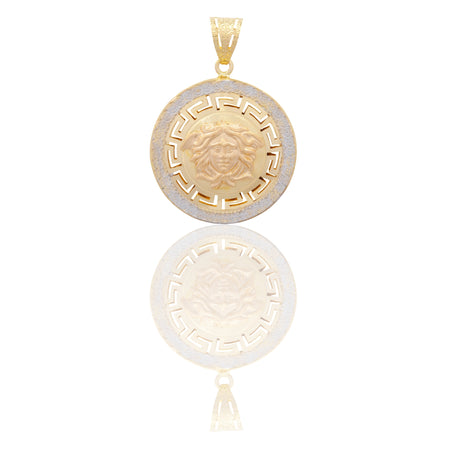 Ciondolo Oro Giallo Oro Bianco Oro 18 carati Tondo Con Medusa E Greca Solo Oro cm.4,0