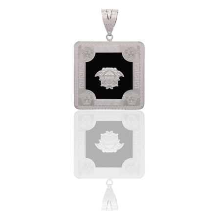 Ciondolo Oro Bianco Oro 18 carati Quadrato Con Meduse E Greca Pietra Onice cm.5,5x4