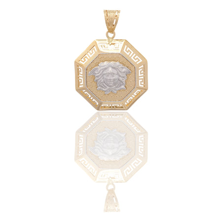Ciondolo Oro Giallo Oro Bianco Oro 18 carati Ottagono Con Medusa E Greca Solo Oro cm.4,0