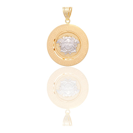Ciondolo Oro Giallo Oro Bianco Oro 18 carati Tondo Con Medusa E Greca Solo Oro cm.4,0