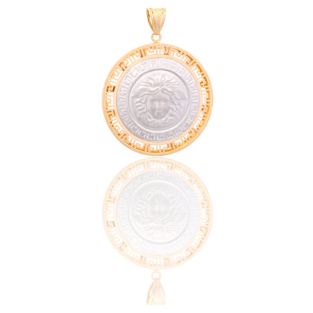 Ciondolo Oro Giallo Oro Bianco Oro 18 carati Tondo Con Medusa E Greca Solo Oro cm.5
