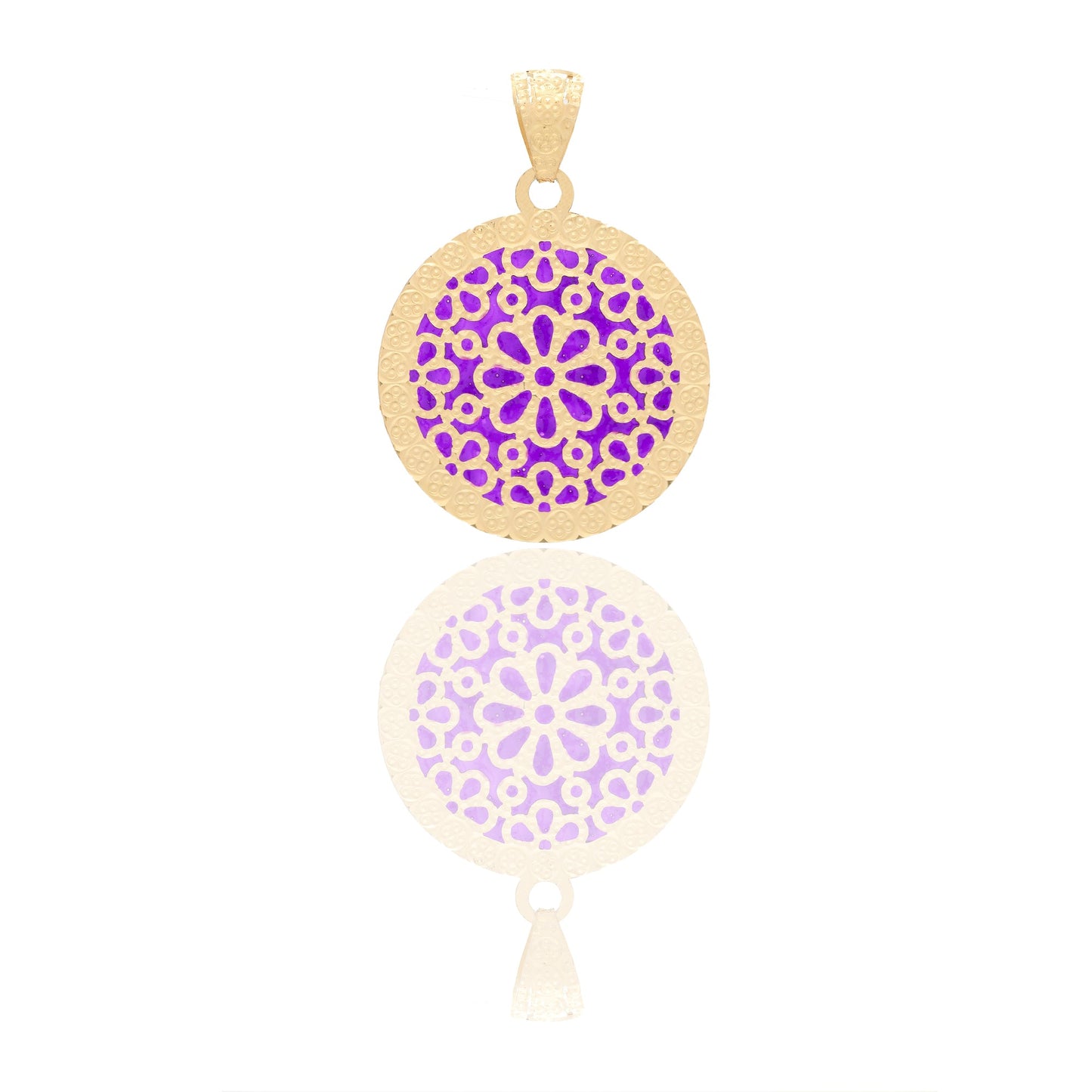 Ciondoli Oro Giallo Oro 18 carati Tondo con fiori Smalto Viola 6cm x 3,8cm