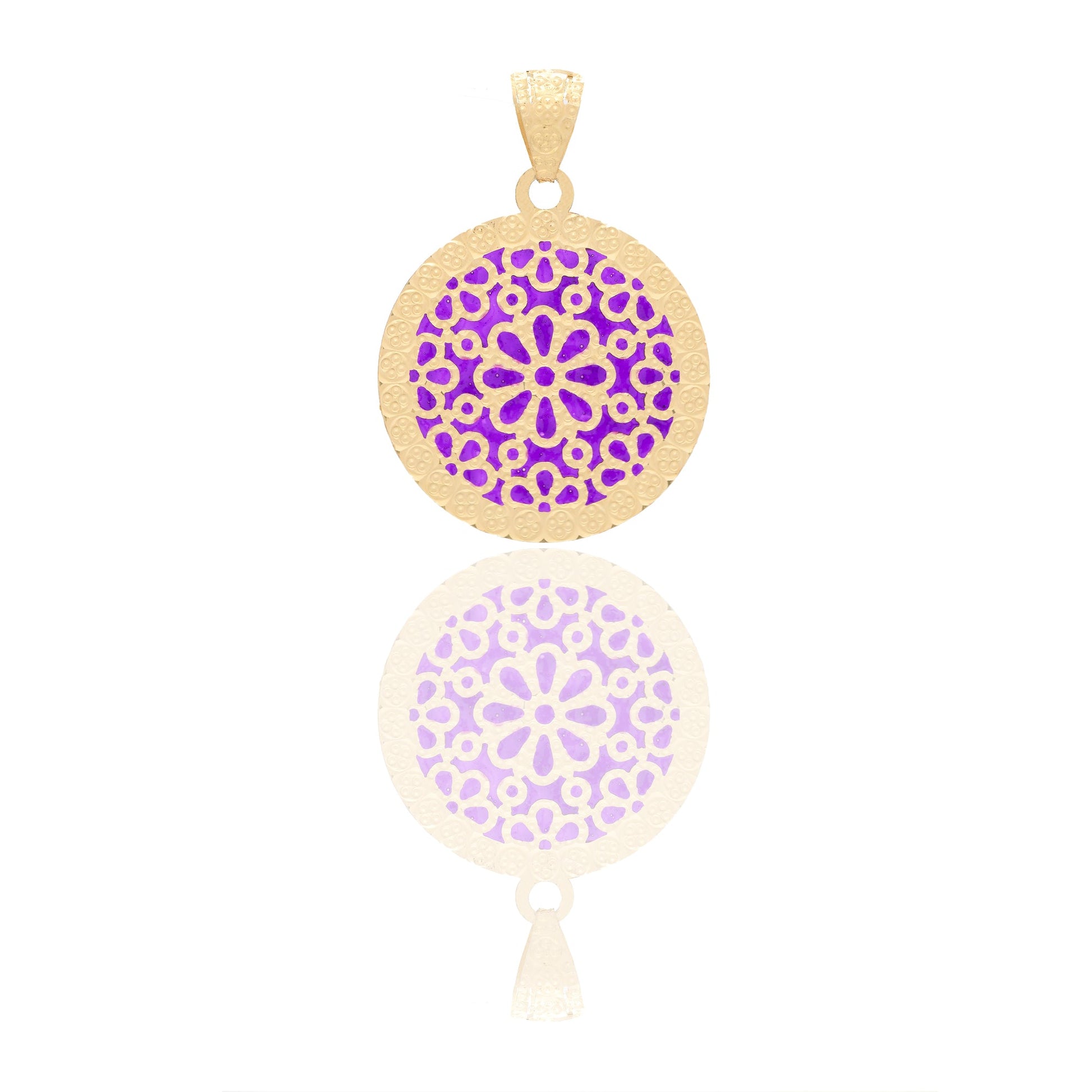 Ciondoli Oro Giallo Oro 18 carati Tondo con fiori Smalto Viola 6cm x 3,8cm