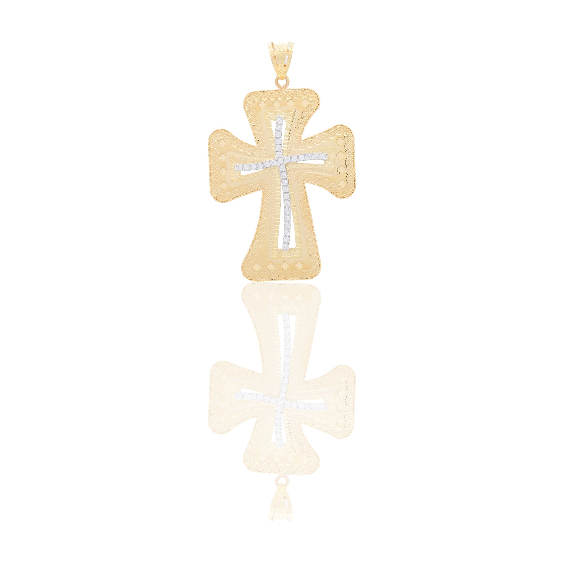 Ciondoli Oro Giallo Oro 18 carati Croce lavorata Zirconi Bianchi 6cm x 3,8cm