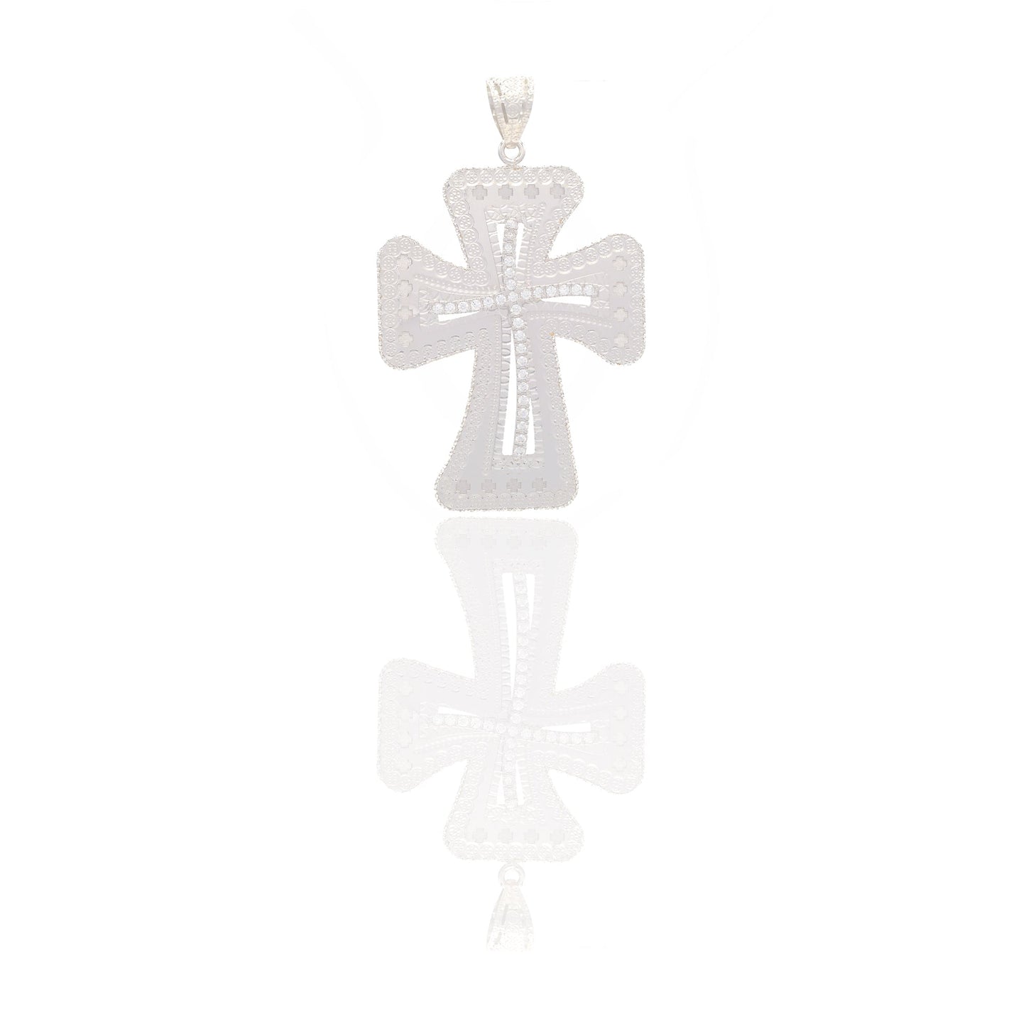 Ciondoli Oro Bianco Oro 18 carati Croce lavorata Zirconi Bianchi 5,3cm x 3,4cm