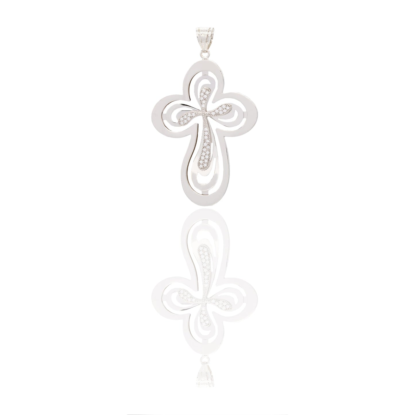 Ciondoli Oro Bianco Oro 18 carati Croce lucida e traforata Zirconi Bianchi 7,3cm x 4cm