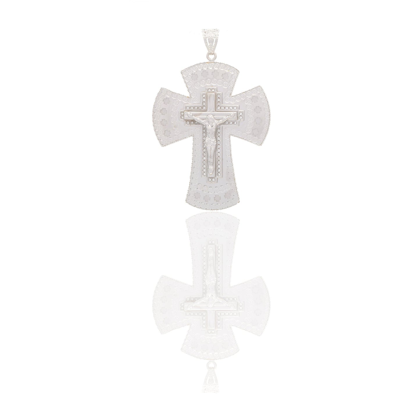 Ciondoli Oro Bianco Oro 18 carati Croce con cristo lucida e diamantata Zirconi Bianchi 6,5cm x 4,5cm
