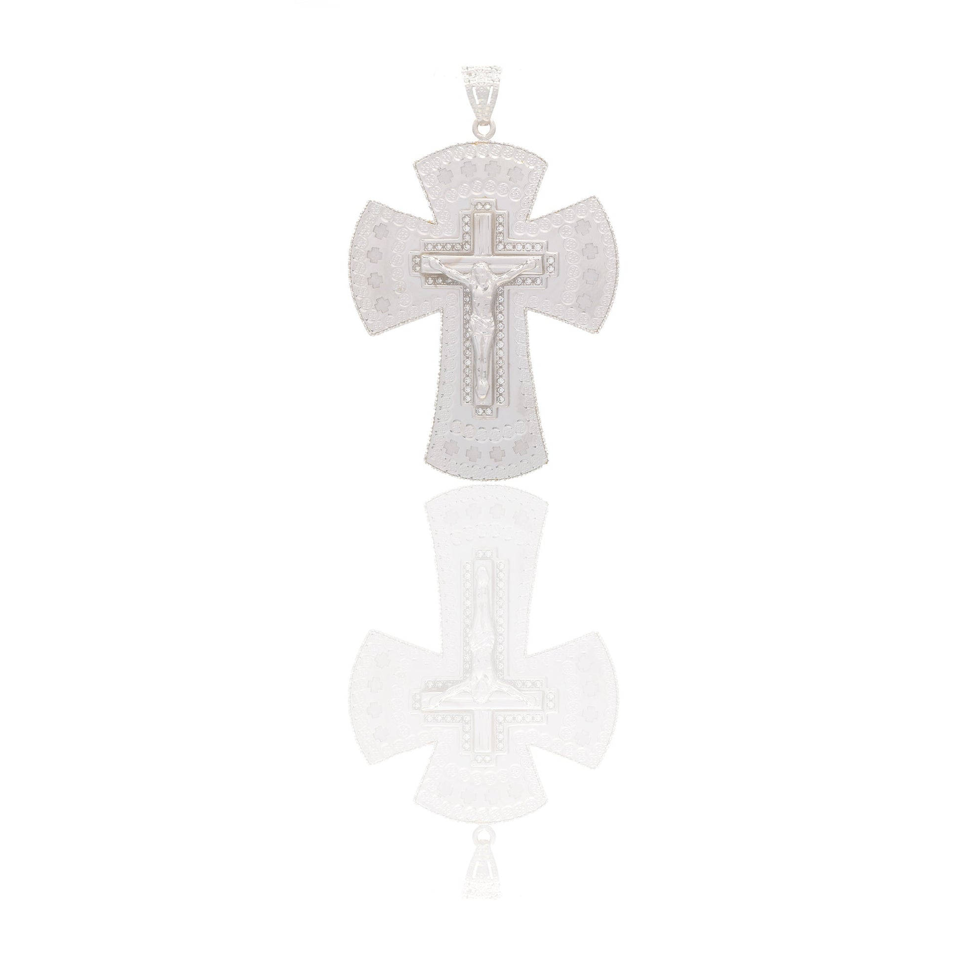 Ciondoli Oro Bianco Oro 18 carati Croce con cristo lucida e diamantata Zirconi Bianchi 6,5cm x 4,5cm