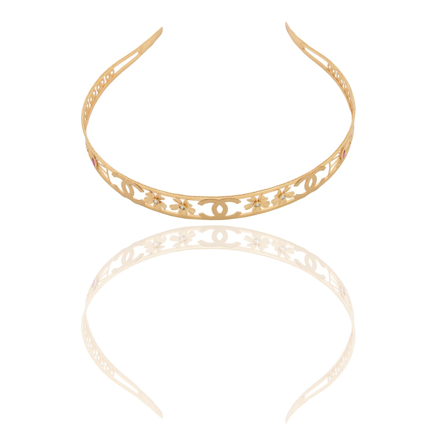 Collana Oro Giallo Oro 18 carati Frontino traforato con fiori Zirconi Rossi spessore cm.17