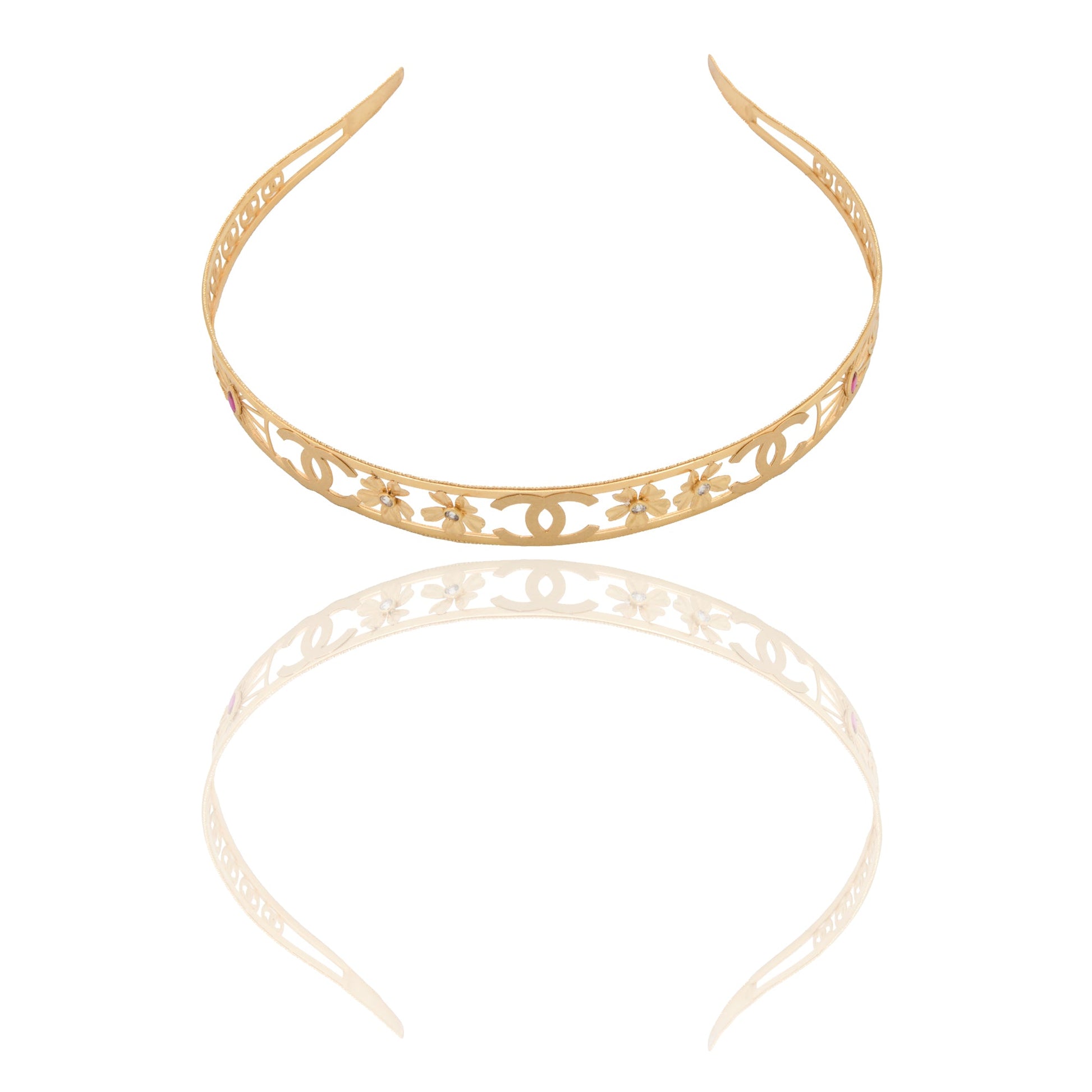 Collana Oro Giallo Oro 18 carati Frontino traforato con fiori Zirconi Rossi spessore cm.17