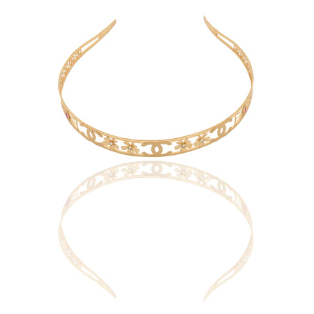 Collana Oro Giallo Oro 18 carati Frontino traforato con fiori Zirconi Rossi spessore cm.17